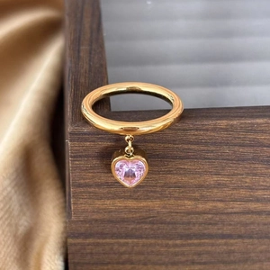 Heart Shape Cubic Zirconia Dangle Ring Stainless Steel Gold Plated Vintage Chic Jewelry For Women
