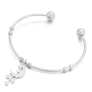 Adjustable silver star and moon charm stainless steel cuff bangle for women