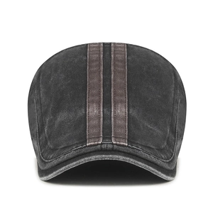 Retro washed charcoal flat top duckbill cap with brown stripes for men and women