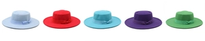 Flat top felt hats in five colors with ribbon bow decorations and wide brims
