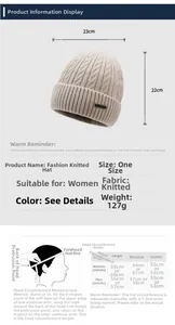 Detailed size chart with 23x22cm dimensions for this knitted winter beanie hat
