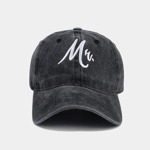 Vintage washed charcoal baseball cap featuring white cursive Mr. embroidery on front