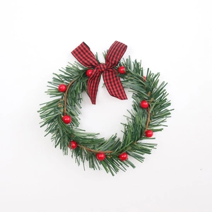 Artificial Christmas Candle Ring Wreath Mini Pine Needles Red Berries Buffalo Plaid Bow Festive Holiday Table Ornament