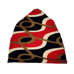Close-up of geometric wave pattern and knit texture on multi-color infinity scarf