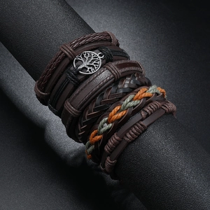 Multilayer leather bracelet set with tree of life metal charm and woven ropes