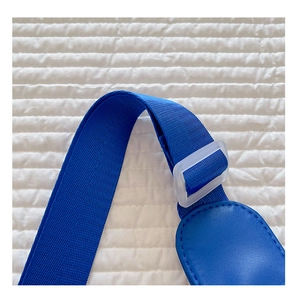 Detail of adjustable blue nylon strap with translucent plastic buckle for kids chest bag