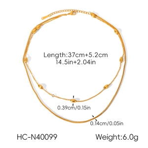 Detailed size chart of double-layer gold stainless steel necklace with beaded chain specifications