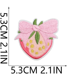 Detailed view of pink strawberry embroidery patch with dimensions 5.3CM x 5.3CM