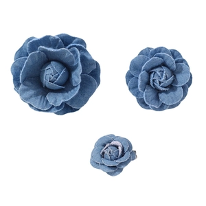 Three sizes of blue denim camellia flower brooches for women in a stylish 3D floral design
