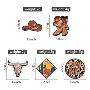 Detailed size chart for Western cowboy style pins showing weights and dimensions in inches
