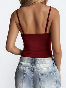 Back view of sexy burgundy ribbed knit camisole with thin straps and a slim fit cut
