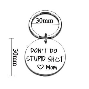 Engraved silver keychain for parents with humorous text and 30mm size measurements