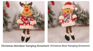 Detail of plush Christmas hanging ornaments featuring a reindeer and bear with long legs