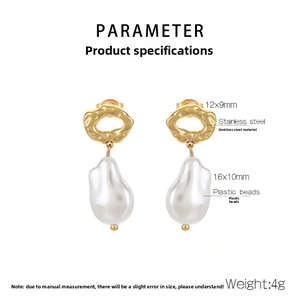 Detail specifications of stainless steel drop earrings with baroque style plastic pearls