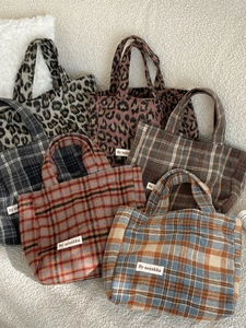 Vintage Plaid Leopard Woolen Tote Bag Large Capacity Commuter Handbag Korean Preppy Style Soft Casual For Women