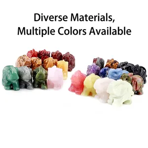 Polished natural gemstone elephant figurines in various crystals like aventurine and quartz