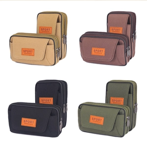 Detailed view of durable canvas waist bags in khaki, brown, black, and army green