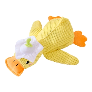 Cute yellow duck plush cat toy with crinkle paper and catnip for pet entertainment