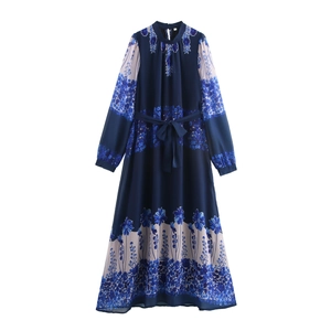 Floral Print Maxi Dress Chiffon Long Sleeve Mock Neck Tie Waist Elegant Vacation Long Dresses For Women