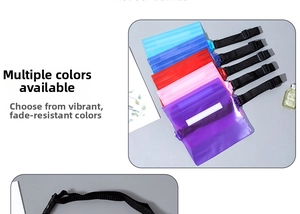 Detail view of colorful waterproof PVC waist bags with secure seal and adjustable straps