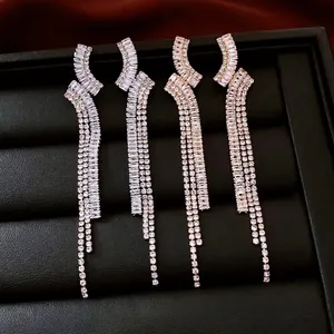 Geometric Long Tassel Earrings Copper Zircon With 925 Sterling Silver Earring Post Elegant Luxury Jewelry For Women