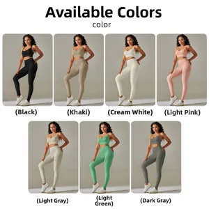 Detailed color chart of seamless yoga sets showing seven available sporty shades