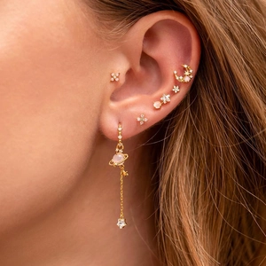 Gold 18K plated star and moon earring set with pink stones and dangling planet charms