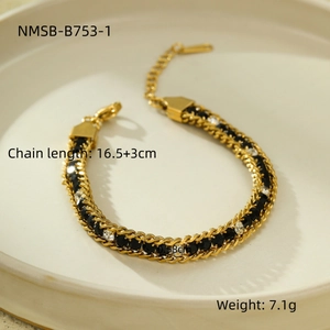 Detailed specs of a gold-plated stainless steel bracelet with black and clear zircon stones