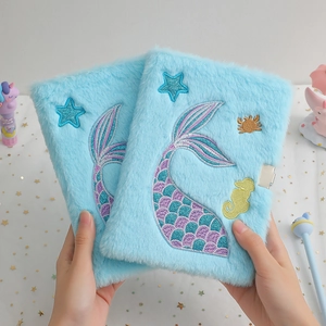 A5 blue plush notebook with mermaid tail embroidery and metal lock for girls