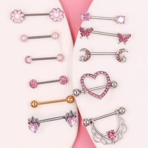 Ensemble de piercings téton en acier inoxydable avec cœurs roses et zircons brillants