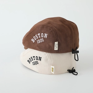 Retro faux suede beret hats for kids in coffee and beige with Boston embroidery