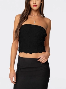 Schwarzes Damen-Crop-Top mit 3D-Rosenstruktur und trägerlosem, engem Design