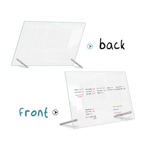 Front and back detail of a clear acrylic weekly planner board with metal support stands