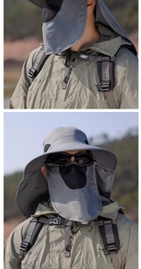 Detail view of large brim sun hat with breathable face mask and long neck protection flap