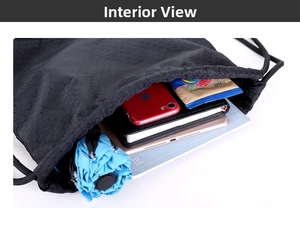 Internal storage detail of black waterproof drawstring backpack with honeycomb texture