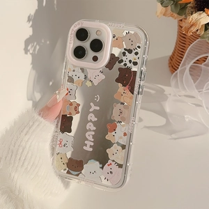 Cute cartoon cat and bear clear phone case with pink lens frame for iPhone 16 Pro Max