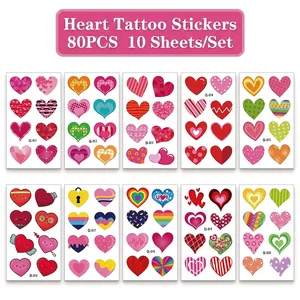 Kids colorful heart tattoo sticker set with 80 pieces in 10 diverse creative designs