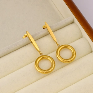 Retro Stainless Steel 18K Gold Plated Round Hoop Textured Pendant Drop Earrings For Women Geometric Embossed Fashion Jewelry