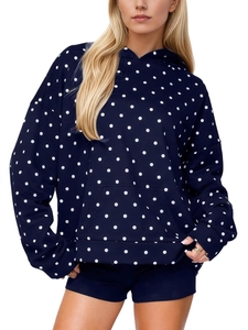 Navy blue polka dot hoodie and shorts set for women in a loose fit with pockets