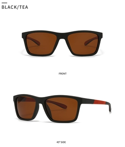 Detail view of polarized sports sunglasses in black frame with tea lenses from two angles