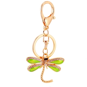 Cute green dragonfly keychain with gold metal and sparkling crystals for handbags
