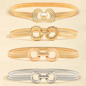 Women Fashion Elastic Metal Waist Chain Belt Gold Silver Stretch Spring Decorative Dress Belt Geometric Buckle Accessory