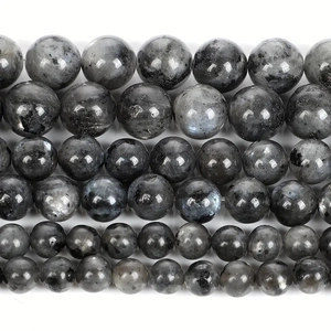 Natural black labradorite round beads string with blue sheen on white background