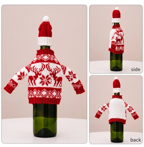 Detailed views of knitted reindeer wine bottle sweater with matching hat decoration