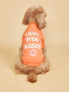 Macro detail of breathable cotton dog vest featuring 'I Give Free Kisses' print