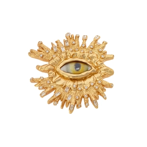Anello vintage dorato con motivo a occhio, raggi solari e pietre di cristallo luccicanti
