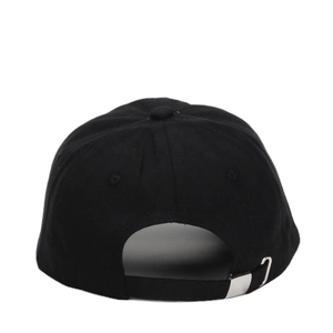 Rear view of black outdoor sun hat with adjustable metal buckle and cotton fabric texture