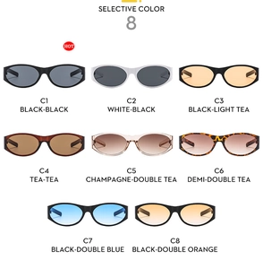 Detailed grid display showing eight trendy colors of retro oval slim sunglasses frames