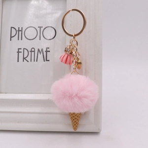 Cute pink faux fur pompom ice cream keychain with waffle cone and golden heart charm