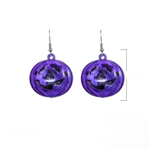 Detail view of purple LED pumpkin earrings with size 1.3 inch and weight 10.3g specs